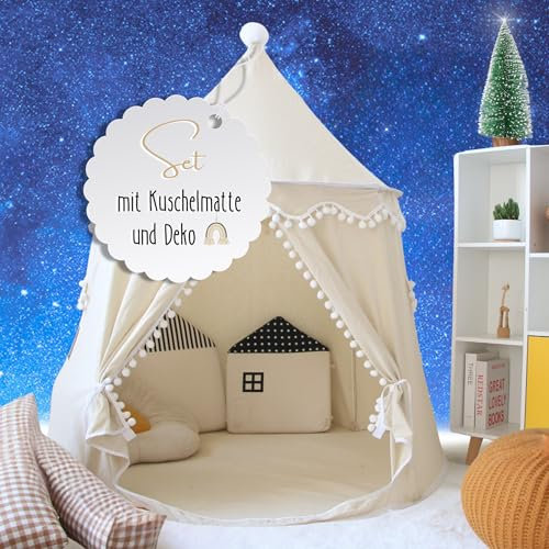 LIONHERZ® DAS ORIGINAL Spielzelt für Kinder, atmungsaktiv aus Baumwolle&Hanf | Märchenschloss mit Fiberglasstangen, Tasche, Matte und Deko | stabiles Tipi Jungen Mädchen (Cremeweiß, mit Zubehör)