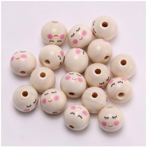 Wisafory Pack of 30 20 mm Wooden Beads with Face Wooden Balls Natural Wooden Heads with Face Angel Heads Craft Beads Round Wooden Beads for DIY Key Chain Crochet Angel Macrame Jewellery 12#