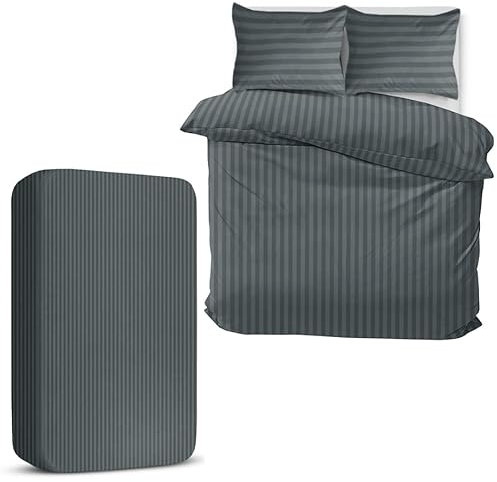 MOONLIGHT20015 Double Duvet Set 4 Piece Satin Stripe Duvet Cover Sets Soft Brushed Microfiber Bedding Sets with Fitted Sheet & 2 Pillow Cases (Charcoal, 200x200 cm)