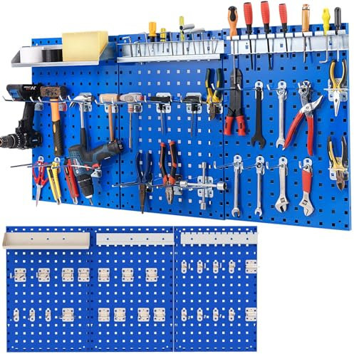 TANGZON Pegboard Wall Organizer Kit, Wall-Mounted Metal Tool Rack Organizer, Multifunctional Perforated Tool Storage Holder for DIY Garage Workshop (with 3 Pegboards & 28 Hanging Accessories, Navy)