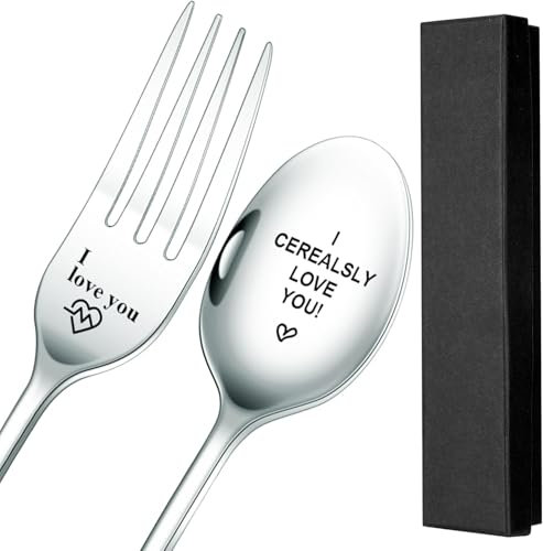 2-Piece Personalised Gifts with Engraving I Love You,“I Cereally Love You”’ Spoon and Fork, Valentine's Day Couples, Love Actually Gifts for Him Box (Silvery)