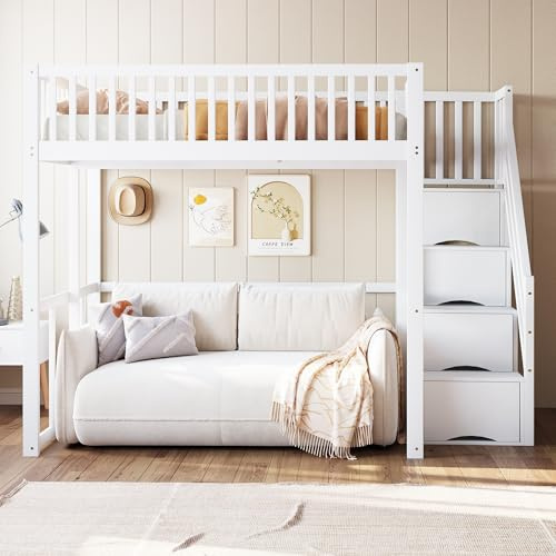 Soweiz Hochbett mit Sicherheitsaufbewahrungsleiter, Sicherheitsumrandung, Bettgestell aus massiver Kiefer, Geeignet für Kinder, Jugendliche und Erwachsene, 140x200cm (Weiß)