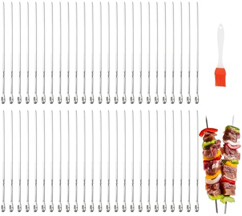 Lot de 50 brochettes de barbecue en acier inoxydable de 35 cm de long - Brochettes à viande pour viande, légumes, barbecue réutilisable - Pour feu de camp ou barbecue