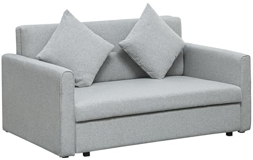 HOMCOM 2 Seater Sofa Bed, Convertible Bed Settee, Modern Linen Loveseat Sofa Couch with 2 Cushions, Hidden Storage for Living Room, Guest Room, Light Grey