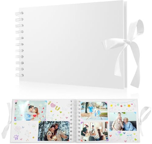 Album Fotografico Personalizzabile, Album Foto Piccolo 10x15 Fai da Te Spirale, 60 Pagine Nere Scrapbook con Copertina Rigida Carta, Scrapbooking per Anniversario di Matrimonio Nozze Valentino, Bianco