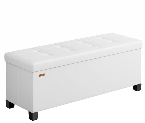 SONGMICS Banc de Rangement, Coffre avec Pieds, 38 x 110 x 40 cm, Pouf, Repose-Pieds, 112 L, PVC, pour Salon, Entrée, Blanc Nuage LSF0514W02