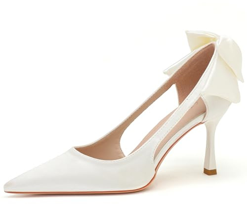 Scarpe da Sposa Stile Francese in Raso 5cm Tacco a Spillo con Taglio Laterale e Fiocco Posteriore in Seta Punta a Punta Suola Antiscivolo in Taglie Complete 34-44,Bianca,44 EU