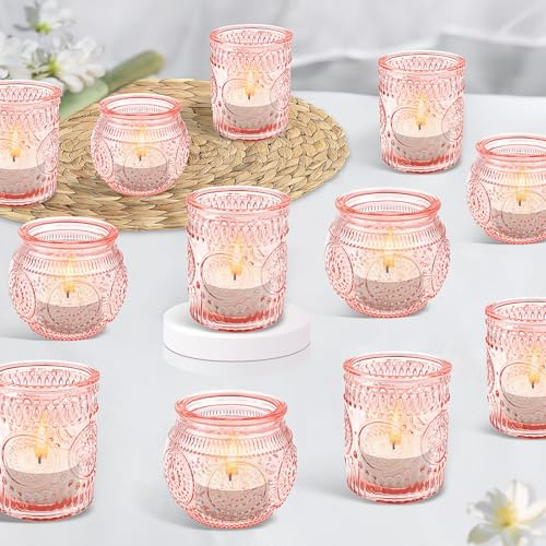 Lot de 24 Rose Photophores en Verre – Bougeoirs Vintage pour Bougies Chauffe-Plat, Déco de Table pour Mariage, Anniversaire, Maison, Fête et Centre de Table (Pilier+ Rond)