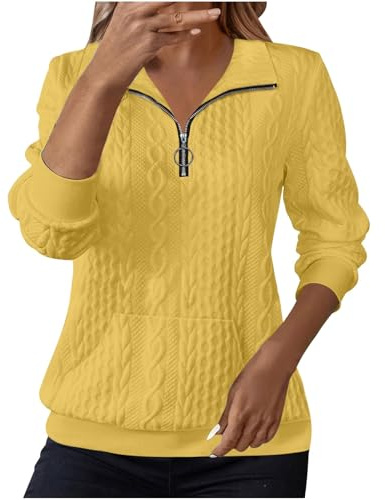 Oversized Jumper Women Jumpers for Women UK Sweatshirts Lapel Half Zip Pullover Knit Cable Ladies Sweatshirt Long Sleeve Tops Fall Winter Sweaters Warm Hoodies Outfit Clothing Yellow L