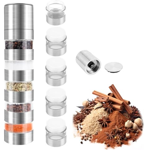 MUMUMUR Set di mini spezie 5 in 1 in acciaio inox, con macinaspezie, set portatile per viaggi, picnic, cucina, barbecue e attività all'aperto, 20 ml