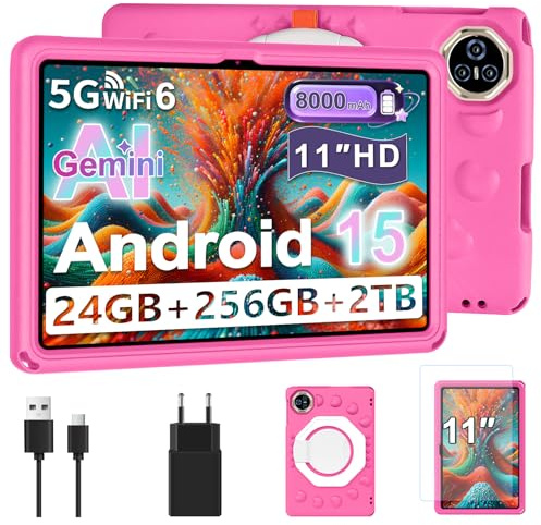 Tablet Android 15, 11 Pollici Tablet per Bambini, 24 GB+256 GB/2 TB, Octa-Core, Gemini AI/Widevine L1, 8000 mAh, 13 MP+5 MP, Tablet PC Grandi, Dimensioni con Custodia Protettiva in Silicone EVA-Oro