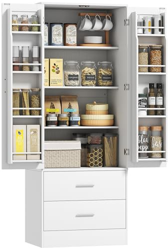 HOMCOM Credenza Cucina Alta 159 cm, Mobile Cucina con 8 Portaspezie sulla Porta, 2 Ante e 2 Cassetti, Mobile Dispensa Moderno con Ripiani Regolabili, per Sala da Pranzo, Soggiorno, Bianco