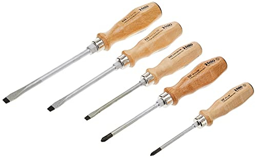 Felo by Bondhus 07157 22155 Slotted & Phillips Wood Handle Screwdrivers, Set of 5, Chrome Finish Blade W/Beechwood Grip, 715722155, 1pack
