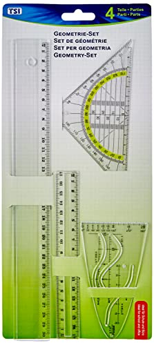 TSI Geometrie-Set 4-tlg., mit Lineal 17 cm + 30 cm, Parabel und Geodreieck 16 cm, transparent, Art. Nr. 46294