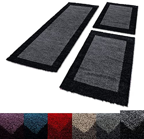 Unbekannt Shaggy Hochflor Teppich Carpet 3TLG Bettumrandung Läufer Set Schlafzimmer Flur, Farbe:Anthrazit, Bettset:2x100x200+1x80x250