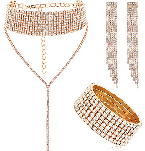 Hicarer 3 Pieces Women Rhinestone Jewelry Set Rhinestone Tassel Choker Necklace Fringe Bracelet Crystal Dangling Earring for Wedding Bridal Party(Gold)