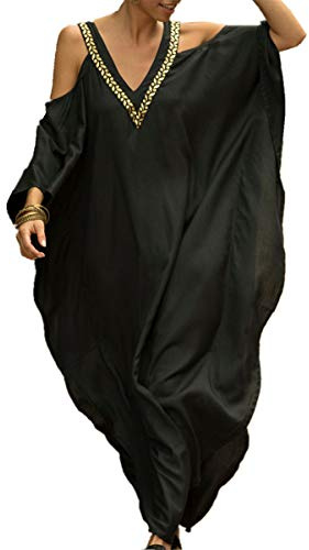 LikeJump Dam-chiffong, bohemisk kaftan, överdimensionerad strandklänning, lång klänning, kimono-baddräkt, cover-up-klänning, Svart 2, En Storlek