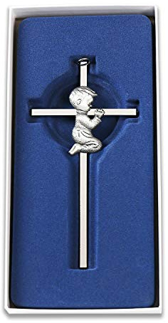TRULIVA Väggkors i silver, välsignelse babyplakett väggdekor, för första nattvarden, dopkors för pojke, födelsedag, baby shower, dop (pojke)