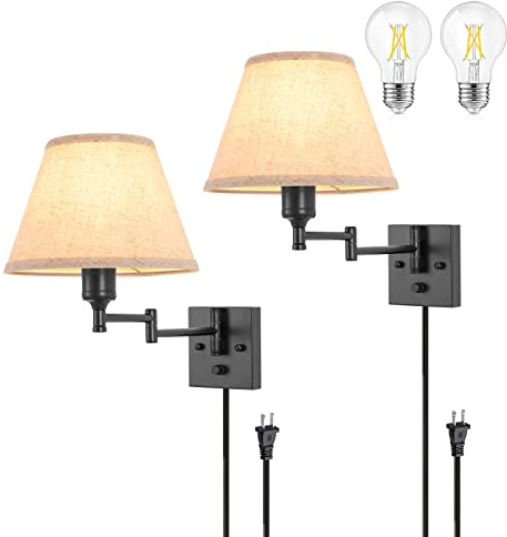 TRLIFE Wall Sconce Plug in, Dimmable Wall Sconces Set of Two Swing Arm Wall Lights with Plug in Cord and On/Off Dimmer Rotary Switch, 9.4 Medium Beige Fabric Shade(2 Pack, 2 Bulbs)