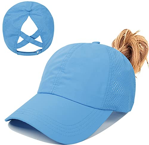 Pferdeschwanz Baseballkappe Damen Sommer Einstellbare Schnell trocknende Masche Atmungsaktiv Baseballmütze Unisex Criss Cross Hüte Sport Mütze (Blau)