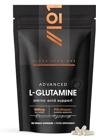 L-Glutamine 850mg with BioPerine® – 90 Vegan Capsules – Vegan Fermented Amino Acid – Resealable and Recyclable Pouch by Alpha01