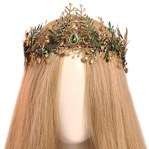 MOSTORY Woodland Fairy Flower Crown - Handmade Leaf Elf Crown Fairy Forest Headband with Rhinestone for Women Halloween Renaissance Photo Props for Cosplay