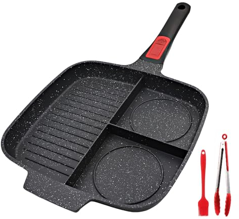 Bobikuke Griddle Pan with Detachable Handle, 3 Sectional Skillet Grill, Non Stick, Divided Meal Pan - Black
