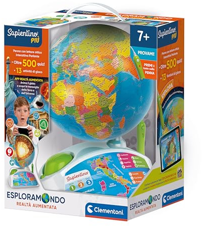 Clementoni - Sapientino Esploramondo Realtà Aumentata, Mappamondo Educativo per Bambini dai 7 Anni in su, Globo Educativo con Penna Interattiva e App Dedicata, Made in Italy, Lingua Italiana, 16032