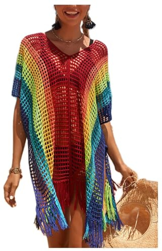 Bikini-Copricostume Estate-Spiaggia Colorati-Crochet Vacanza-Casual Donna - Costume da Bagno con Scollo a V Sexy Hollow Out Bikini Cover Up con Frange Loose Fit Elegante Abito da Donna Arcobaleno
