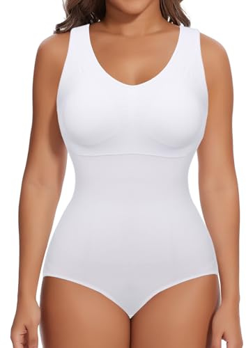 SHAPERIN Body Sculptant Femme Gainant Ventre Plat Push up Body Shaper avec Soutien Gorge Débardeur Bodysuit Shapewear, Blanc, M