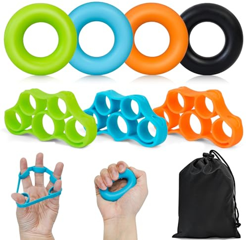 RAFIYU 7 Piezas Fortalecedor de Agarre de Mano, Fortalecedor de Mano de Silicona, Entrenador de Dedos, Ejercitador de Manos, para Alivio del Estrés Entrenamiento Muscular Deporte (30/40/50/60 LB)