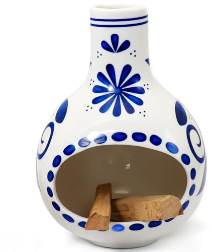 BEYLAB escultura de arcilla Palo Santo Soporte Quemador Incienso cerámica para Palos Madera, Salvia e Incienso Cono Plato Cuenco purificador energía Regalo Hecho Mano cursos Blue White Porcelain