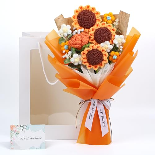 Crochet Flower Bouquet, Handmade Knitted Sunflower Faux Crochet Flowers for Home Decor Valentine’s Day Anniversary Weddings Birthdays Mother’s Day, Includes Gift Bag and Greeting Card (Sunflower)