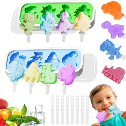 2 Pezzi Stampi per Ghiaccioli,Formine Ghiaccioli Riutilizzabili,Silicone Stampi per Gelato Senza BPA, per Stecco al Sorbetti Cioccolato Budino (Veicoli + Dinosauro)