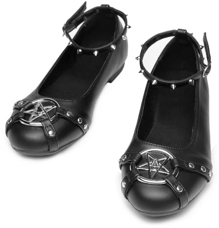 Gothniero Womens Black Flats Cute Ballet Flats Goth Shoes for Women Dressy Comfortable Flats with Studs and Adjustable Strap Slip on Round Toe Shoes for Women 3UK-8UK