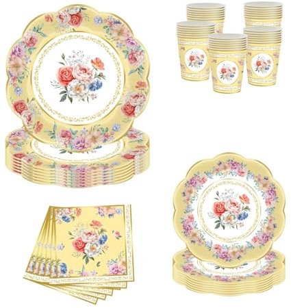 PHUNAT Vintage Party Tableware Set for 30 Guests - Yellow Floral Paper Plates Napkins & Teacups - Classic British Style Paper Tableware for Garden Afternoon Tea Party, Baby Shower, Birthday, Wedding