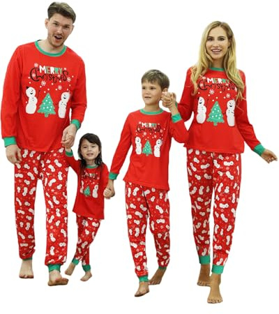 DDKJ Pijamas Navidad Familia,Pijama Familiar a Juego con Estampado de Árbol de Navidad y Muñeco de Nieve,Pijamas Navideño Familiar Rojo,Pijama Navidad Mujer/Hombre/Niña/Niño