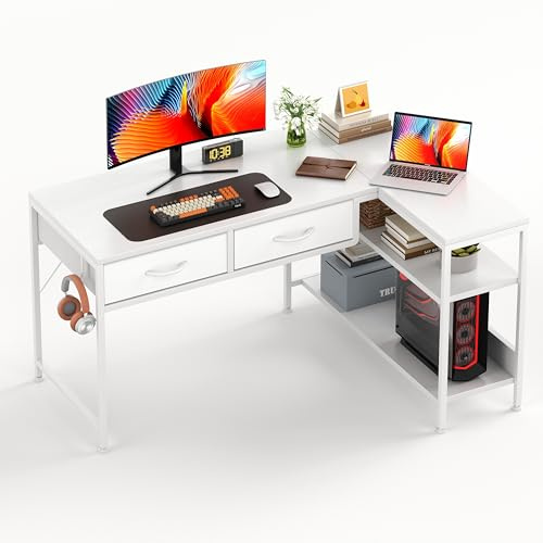 CAIYUN L Shaped Computer Desk with 2 Drawers, 100CM Office Corner Desk with 2 Storage Shelves, Working Table Study Table for Home Office Desk, White
