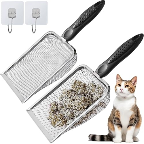 ISYOKE 2Pcs Cat Litter Scoop Metal Stainless Steel Mesh Kitty Litter Scoop with Hook, Cat Scooper for Litter Box, Filter Small Pieces Quickly, Easy to Clean and Durable (3mm/5mm Mesh)