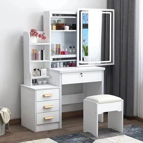Dressing Table,LED Lights with Adjustable Brightness,Vanity Table with Mirror,4 Drawers,6 Shelves,Makeup Table with Mirror and Stool,Makeup Desk Modern Bedroom Dressing Tables with LED Light (White)