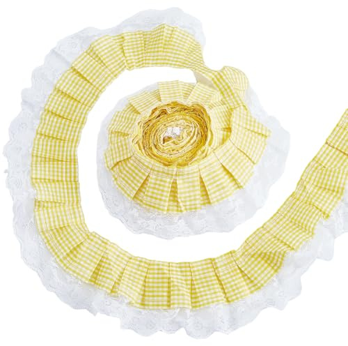 GORGECRAFT Cinta de Gasa A Cuadros de 2.5 Pulgada 5 Yardas de Cinta de Malla Fruncida con Volantes de Guinga Plisada con Borde de Encaje de Rayas de Tul Bordado Amarillo para Manualidades.
