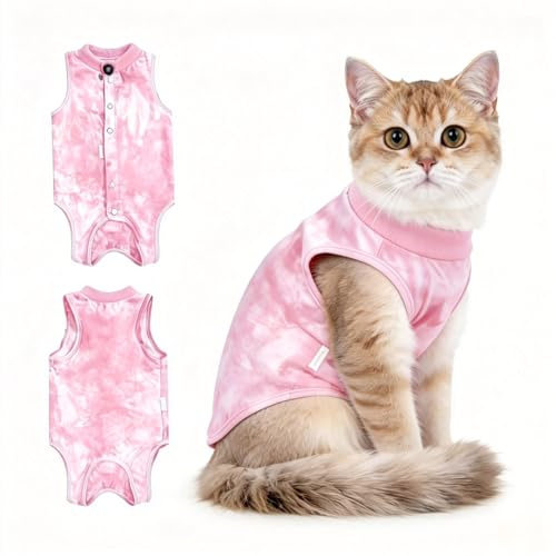 Cat Recovery Suit, Soft Breathable Cat Surgery Recovery Suit, Post-Op Cat Onesie for Neutering & Wound Care, Anti-Licking Bodysuit for Female Cats (Pink, M)