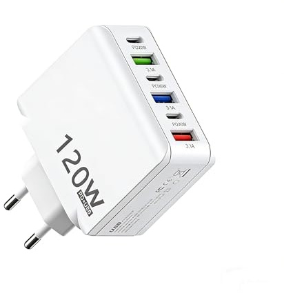 120 W USB C-laddare med 6 portar Multi med 3 USB och 3 PD, 65 W USB strömförsörjning för iPad, Samsung Galaxy, Google Pixel, surfplatta, mobiltelefon, Android, bärbara datorer