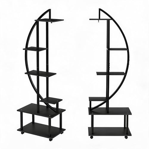 Support Plantes Demi-Cercle Avec Roulettes - Porte Plante Haut 176 cm En Métal Et Bois - Étagère à Fleurs Pour Intérieur Extérieur - Support Pot De Fleur Sur Roues Pour Jardin, Balcon, Salon - Noir
