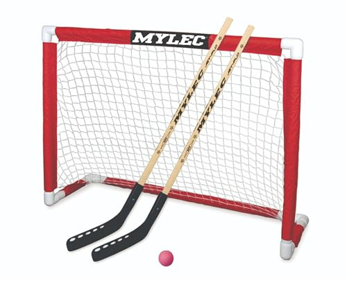 MyLec Deluxe Hockey Set, with 1 Hockey Goal, 2 43 Hockey Sticks & 1 Soft Ball, Sleeve Netting System, PVC Tubing Net, Lighweight & Durable, Enhanced Grip, Pre-Curved Mini Hockey Stick (Red/White)