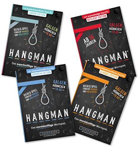 DENKRIESEN - Hangman MEGA Pack - Classic, Junior, Experten & Rotlicht Edition | Galgenmännchen to GO | Spielblock | Partyspiel | Reisespiel | Geschenkidee | Rätselblock - Spiel ab 2 Personen