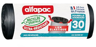 alfapac - 15 sacs-poubelle 30L à lien élastique ultra-résistant - fabriqués en France - bi-matière recyclée & végétale