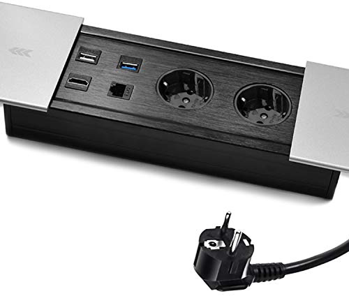 2 Fach Versenkbare Steckdosenleiste mit 2 USB, HDMI, RJ45, Einbausteckdose Tischplatte Versenkte Steckdose, Tischsteckdose Versenkbar, Mehrfachsteckdose 230V mit 1.5M Kabel, Schiebedeckel, Silber