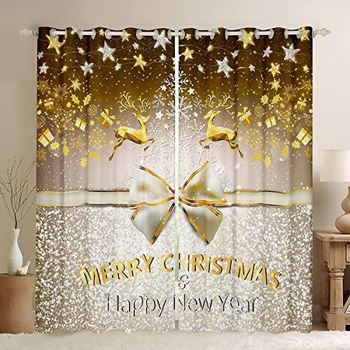 Loussiesd Tende Oscuranti Buon Natale Cervi Alci Natalizi Xmas Decorazione Stelle Dorate Glitterate Tende per Camera da Letto Soggiorno Bambini Fiocco Regalo Decorazione Fiocco di Neve Oscurante Tende