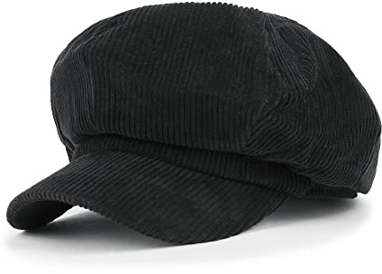 ililily Washed Cotton Newsboy Cabbie Cap Corduroy Duck Bill Flat Hunting Hat, Black -New